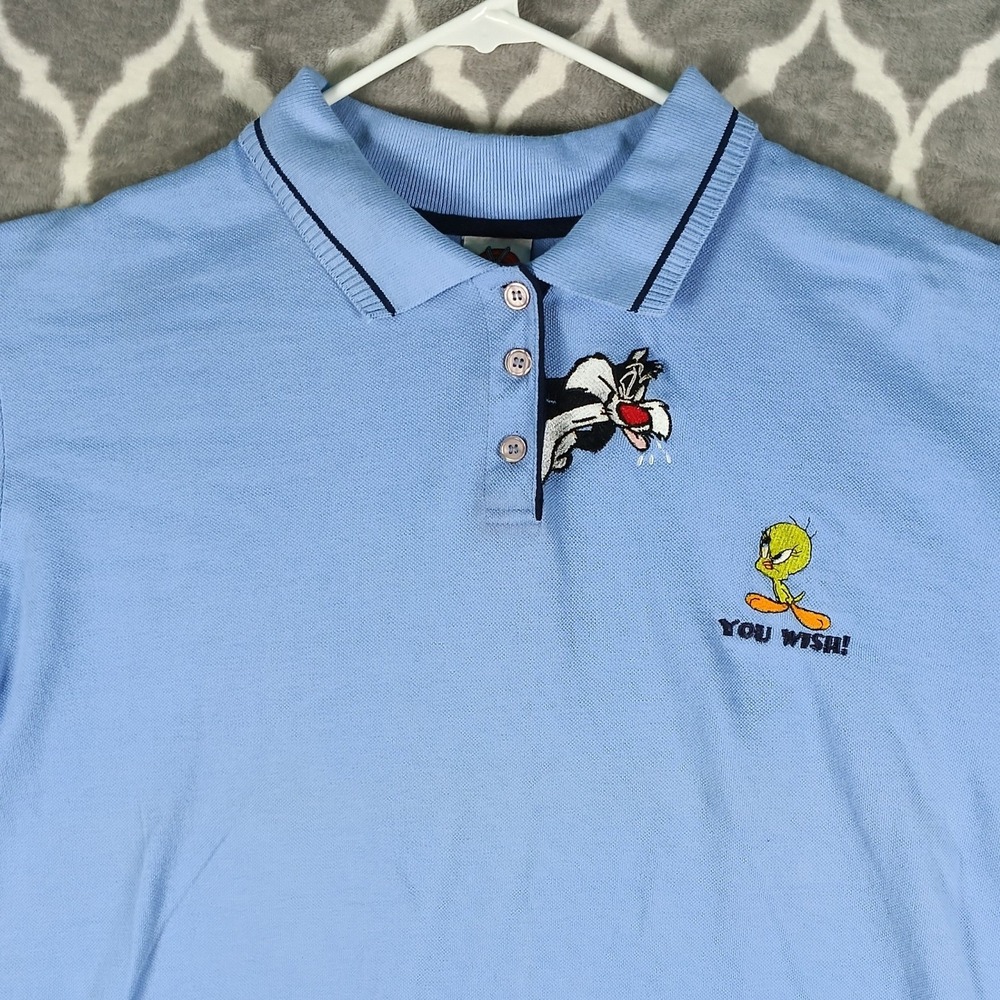 Looney Tunes Polo Shirt Mens XL Blue Tweety Sylvester Cartoon Vintage Y2K